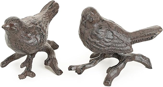 Sungmor Cast Iron Small Bird Statues, Set of 2 Realistic Rust Brown Bird with Branch Collectible Figurines, Farmhouse Home Garden Decorative Sculpture, Indoor and Outdoor Ornaments