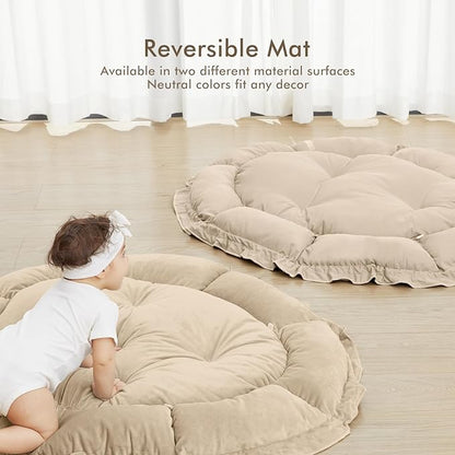 ANGELBLISS 5 in 1 Baby Play Gym Mat, Reversible Tummy Time Mat with 5 Sensory Toys for Stage-Based Developmental, Thick & Large Baby Activity Center from Newborn to Toddler (Khaki)