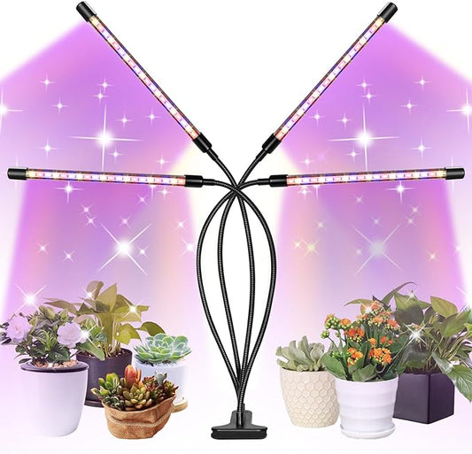 LED Grow Lights, 4 Heads Red Blue White Full Spectrum Plants Lights with Clamp for Indoor Plants & Seed Starting, 10-Level Dimmable, Auto On Off, Timing 4 9 12Hrs