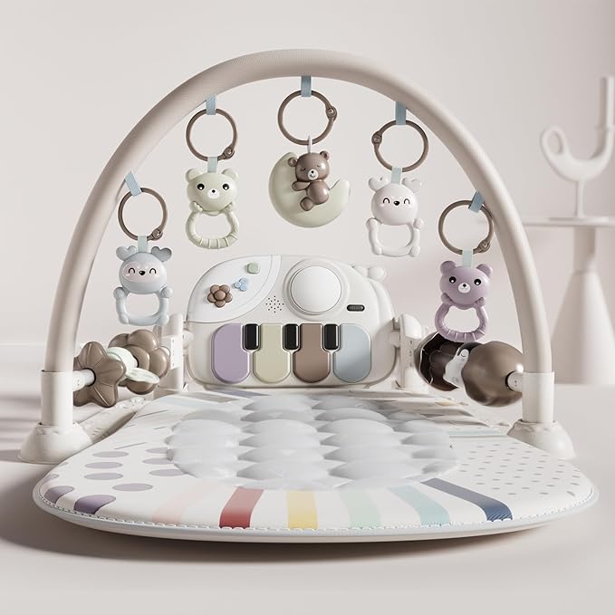 Baby Gym with Kick and Play Piano, Baby Play Mat Tummy Time Activity Gym Mat with 5 Infant Sensory, Music & Lights Boy or Girl for Newborn 0 to 3 6 9 12 Months