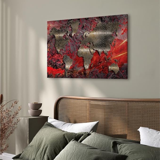artgeist Canvas Wall Art World Map 24x16 in - 1pcs Home Decor Framed Stretched Picture Photo Painting Artwork Modern Art Image - Abstract Continents Map World Map Red k-A-0505-b-d