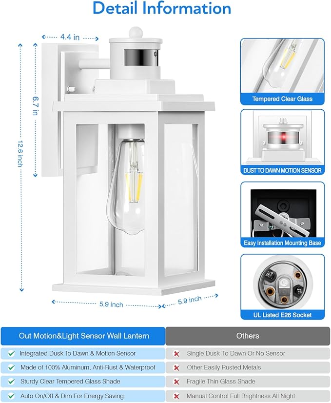 VIANIS Motion Sensor Porch Lights, Outdoor Wall Lights Wall Mount, White Dusk to Dawn Outdoor Sconce Lights, Waterproof Exterior Light Fixture for House, Garden, Patio, Entryway,Hardwired, Non-Solar
