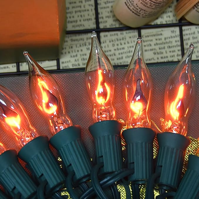 12.8Ft C7 Christmas Lights Flickering Flame String Lights with 12 Pack Clear Flame E12 Light Bulbs(2 Spare), Great for Christmas Decorations Indoor Outdoor Home Patio Party Lights, Green Wire