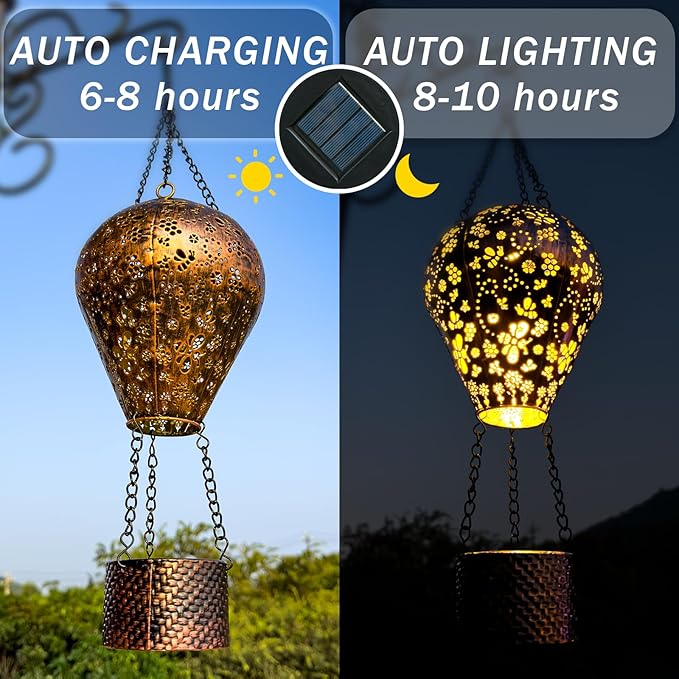 2-Pack Bee Decor Hot Air Balloon Solar Lantern – Outside Decorative Hanging Light for Garden Yard Patio Porch Lawn and Pathway – Unique Housewarming, Birthday Gift for Women Mom Grandma