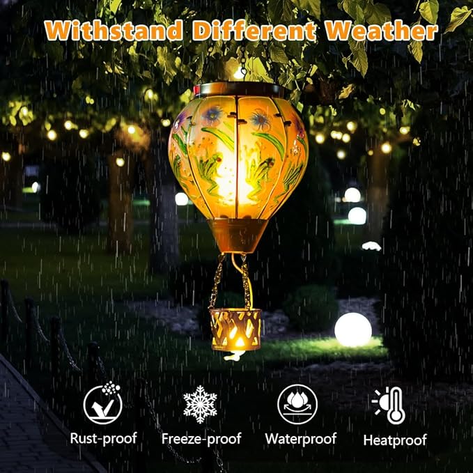 Starsoul Frog Hot Air Balloon Solar Lantern with Candle Holder Glass Outdoor Solar Hot Air Balloon Flickering Flame Lamp Hanging Garden Light Waterproof for Lawn Porch Tree Yard Decorations