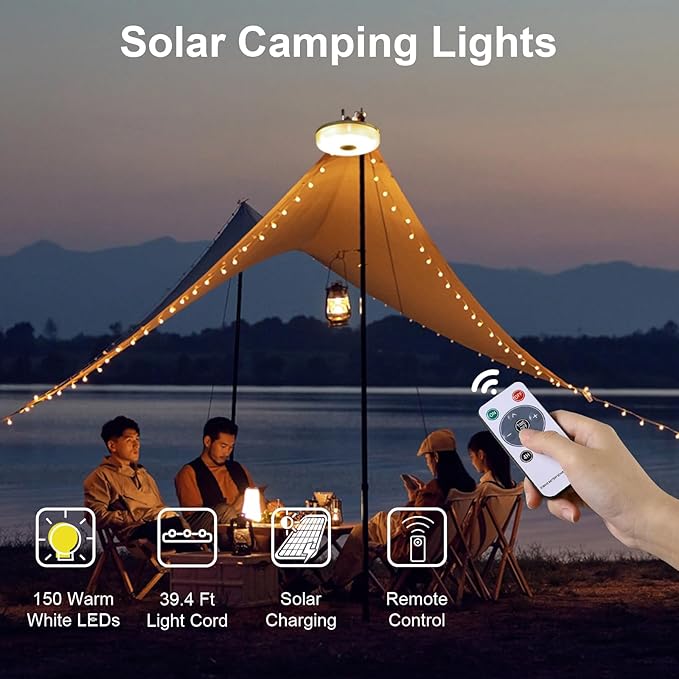 Solar Camping String Lights, 39.4FT Portable Waterproof Camping Light with 8 Lighting Modes, Solar Powered and USB Rechargeable Tent Lantern with Remote Control for Camping, Yard, Garden and Hiking