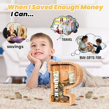 KMC Wooden Letter Piggy Bank, Personalized Initial Piggy Bank for Kids Boys, Clear Alphabet P Wood Money Box, Unbreakable Coin Saving Jar, Birthday, for Children