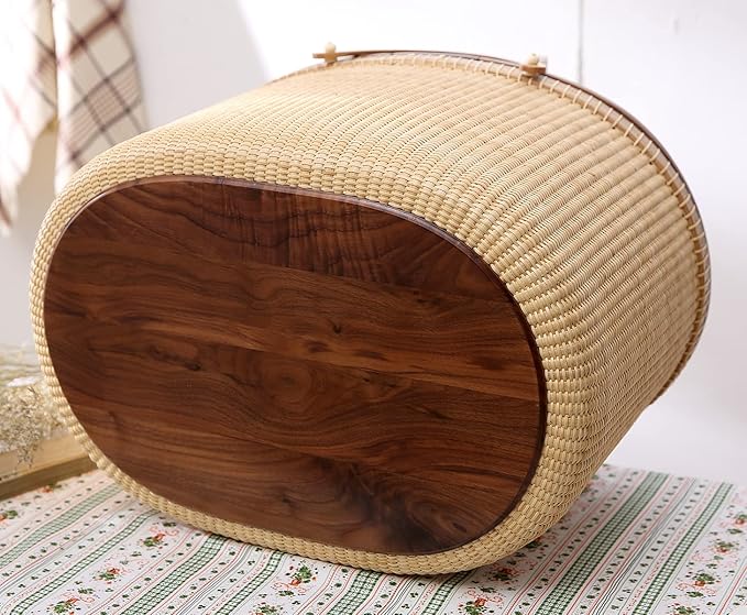 Nantucket Basket Crafts Cane-on-Cane Weave Picnic Basket Shopping Basket Basket Storage Basket Two Swing Handles (Black Walnut Activity Double Open)