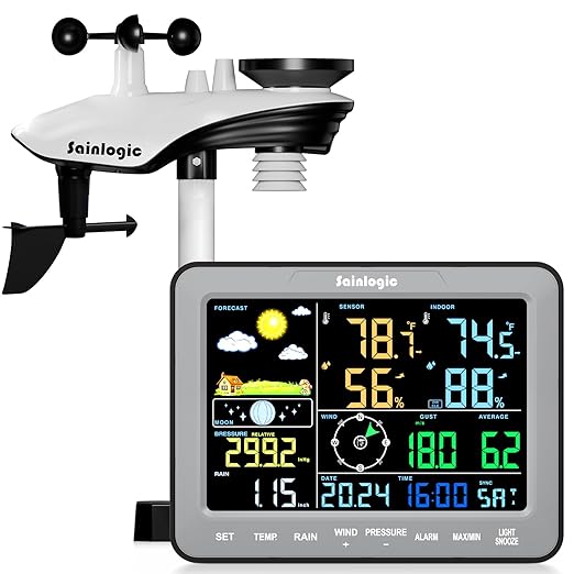 Sainlogic SA68 Home Weather Station with Weather Stations Wireless Indoor Outdoor and Rain Gauge Outdoor for Temperture,Humidity,Forecast,Pressure,Moon Phase,Alarm Clock for Bedroom,Gray(No WiFi)