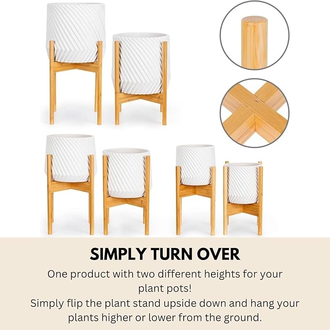 Fox & Fern Set of 3 Bamboo Plant Stand Indoor — Modern Raised Flower Pot Holders for 8, 10 & 11.8 Inch Planters (Not Included); Plug In Design; Two Height Options; Easy to Assemble - Bamboo