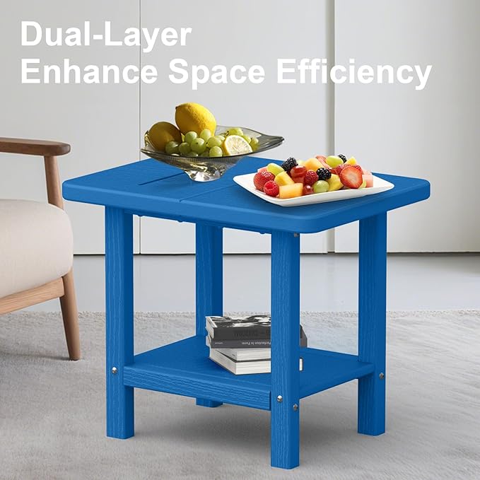 Outdoor Side Table - 2-Tier Storage All Weather Outdoor End Table for Patio - HDPE Morden Easy Maintenance Adirondack Side Table for Pool Porch Balcony Garden Lawn Backyard Outside Indoor
