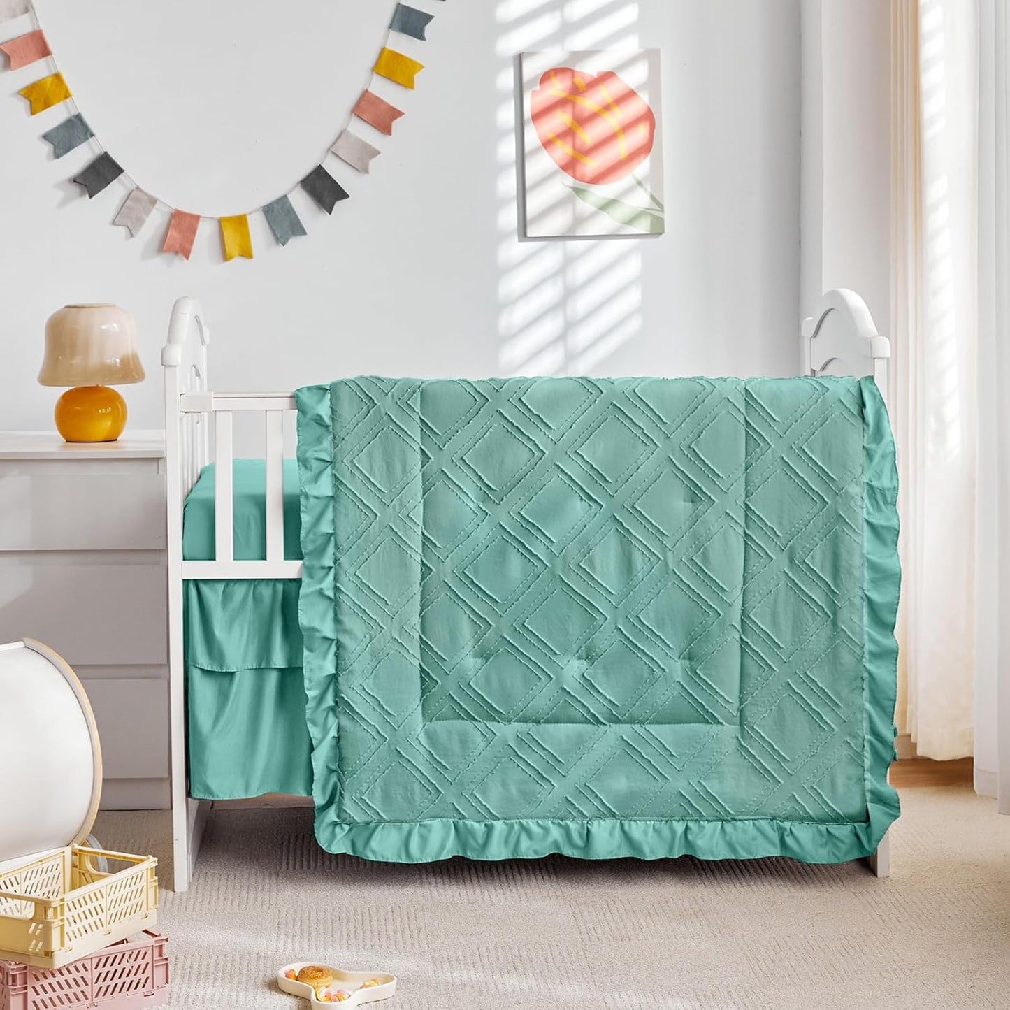 Tufted Ruffle Crib Bedding Set 3 Pieces Baby Girls Boys Boho Quilted Comforter with Fitted Sheet and Bed Skirt - Cute Ruffled Shabby Chic Baby Bedding Soft Blanket Design Teal Blue