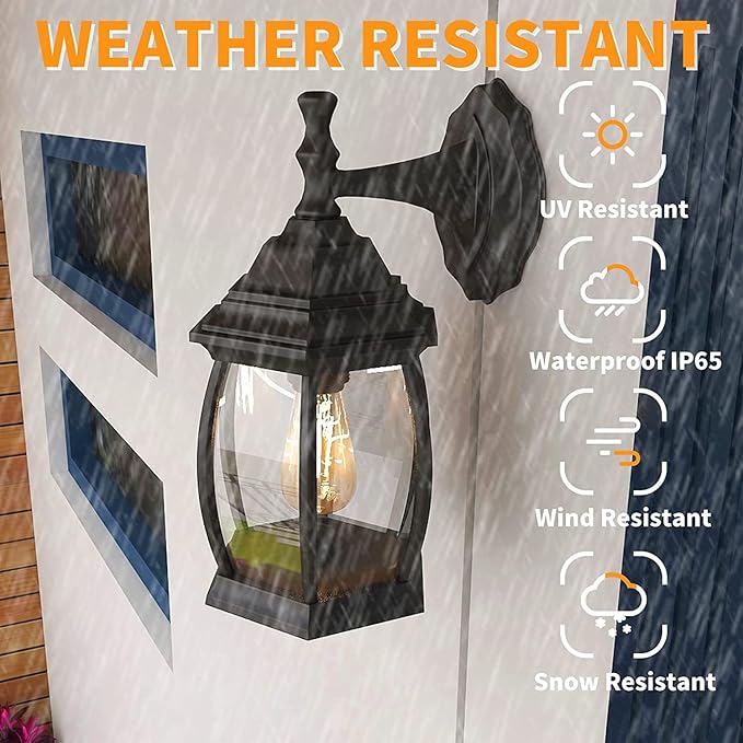Pia Ricco Outdoor Wall Lights, Textured Black Exterior Light Fixtures with Clear Glass Shade, Waterproof Front Porch Lighting, Modern Sconces Lantern for Outside, House, Garage, E26 Socket, ETL Listed