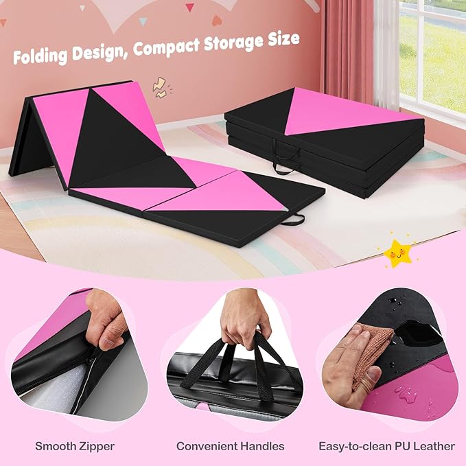 Giantex 4'x10'x 2" Gymnastics Mat, 4-Panel Folding Aerobics Exercise Mat w/Hook & Loop Fastener, Carrying Handle, Portable Tumbling Mat for Stretching Yoga Cheerleading Martial Arts