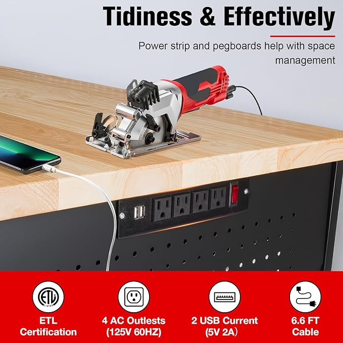 60" Workbench with Drawers, Work Benches for Garage with Strip Light, Adjustable Work Table with Large Pegboard, 2000 LBS Heavy Duty Table with Power Outlet Rubber Wood for Garage, Office