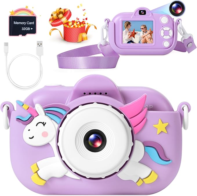 Kids Camera Toddler Toys for Girls Boys, YEEHAO 32MP Dual Lens Digital Camera for 3 4 5 6 7 8 9 Year Old Girl Christmas Birthday Gifts, 1080P Selfie Video Camera for Kids with 32GB SD Card