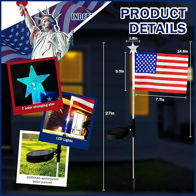 US Flag Solar Garden Lights, 7 Color Changing American Flag Light 4th of July Decorations Outdoor Solar Lights Patriotic Solar Lights for Independence Day Memory Day Garden Yard Pathway - 4 Pack
