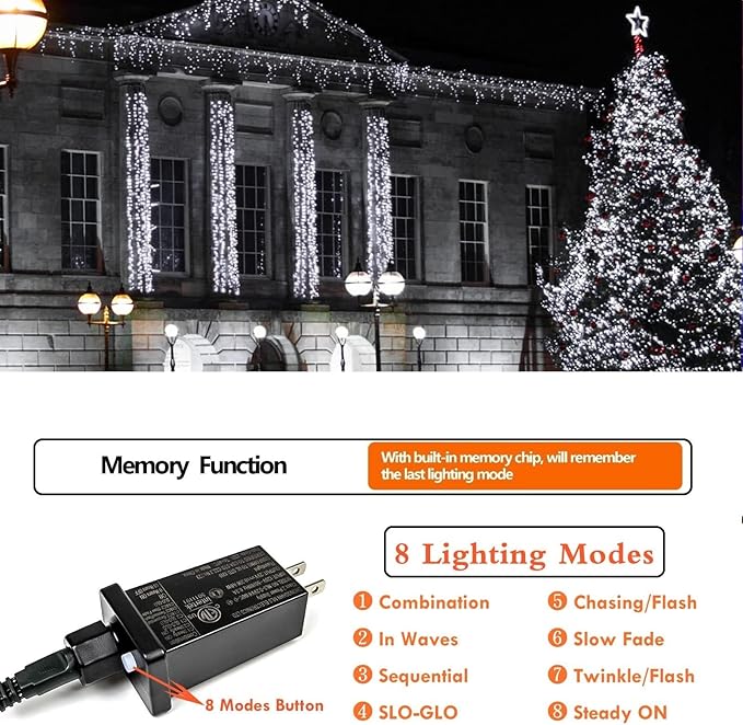 2-Pack 66FT 200 LED Extendable White Christmas String Lights (Green Wire), Christmas Tree Lights with 8 Modes, Indoor Outdoor Plug in Fairy String Lights for Xmas Decor Party Garden (Cool White)