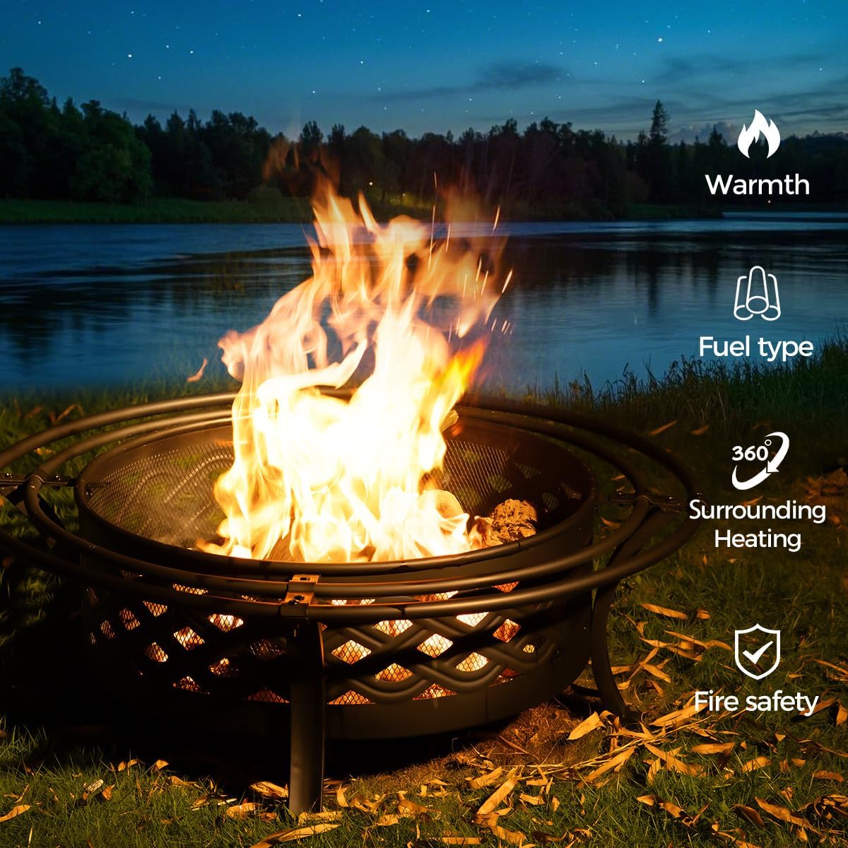 42 Inch Outdoor Fire Pit with 2 Loops,Crossweave Wood Burning Fire Pits for Outside,with Spark Screen,Fire Poker,Round Metal Firepit for Patio,Backyard,Beach,Camping,Bonfire(42''Black)