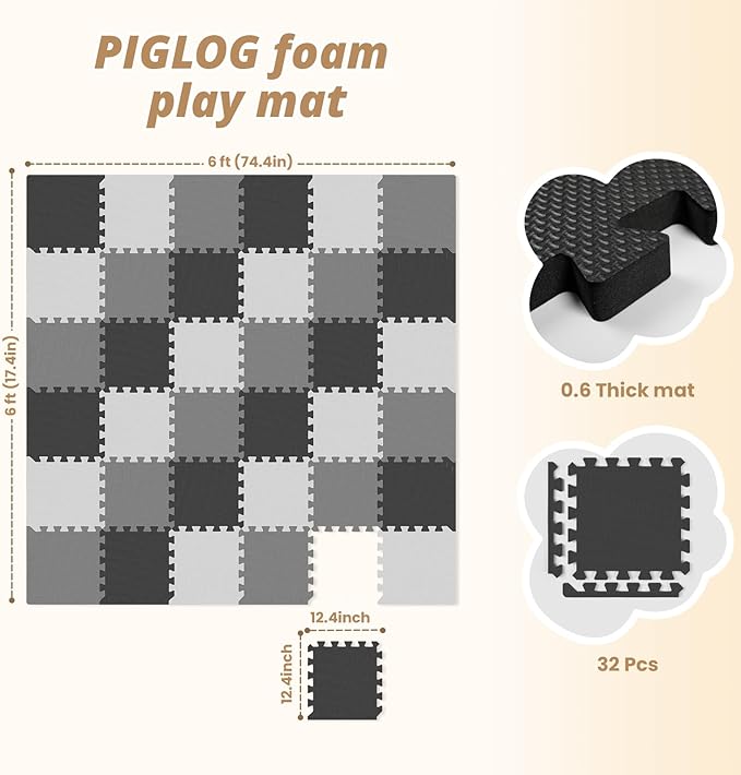 36Pcs Baby Play Mat for Floor, Foam Floor Tiles for Kids with Interlocking, Squares Foam Puzzle Carpet for Playroom,Crawling Rug for Babies 6-12 Months,Toddlers,11.8*11.8*0.6In Each,Grey White Black