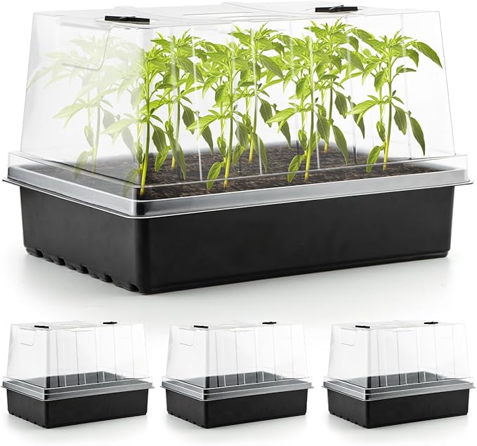 Seed Starter Trays with 5'' Tall Domes-Large Humidity Dome Plant Germination Tray, Reusable Planting Trays, 4 Packs Clear Lid Microgreen Tray for Plant Growing Seedling Propagation Faster