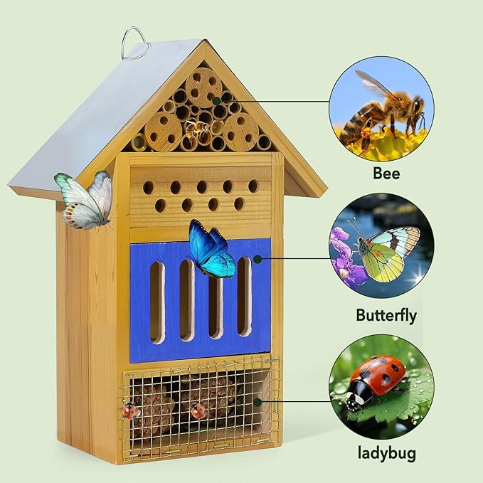Wooden Butterfly House & Bee House for The Garden, Durable Bug Hotel W/Wooden Stake and Iron Roof, Insect Habitat On The Ground Or Hanging On The Tree, for Butterfly, Bee, Ladybug, Bug