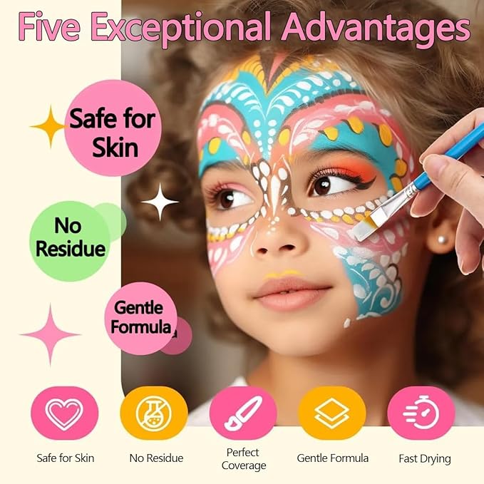26 Colors Face & Body Paint Palette Kit，Halloween Makeup Kit, face painting kit professional，with 10 Brushes+30 pcs Stickers，Ideal for Halloween Cosplay Party SFX Arty Stage Makeup(26-Colors)