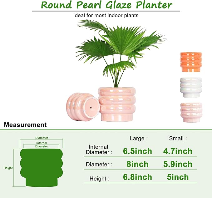 7.8 Inch + 5.7 inch 2 pcs Ceramic Plant Pots for Indoor Plants, Rainbow Pearl Glaze Planter with Planters for Plants with Drainage Hole, Orchid Pots, Succulent Pot, Flower Pot (Pink)