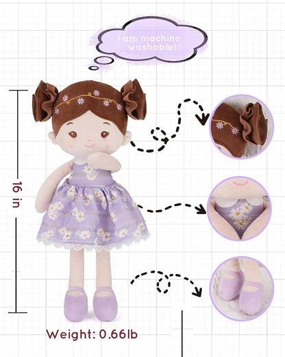 LeyaDoll Soft Baby Doll Toys (16''), My First Baby Rag Doll for 1 Year-Old Girl Birthday Gift, Christmas Plush Toys Gift for Toddler Kids Infants-Daisy-Girl-Light-Purple