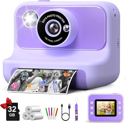 Kids Camera Instant Print, Christmas Birthday Gifts for Girls and Boys, 1080P HD Video Digital Kids Camera with 32G Card, Toddler Camera for 3-12 Years Old, Purple