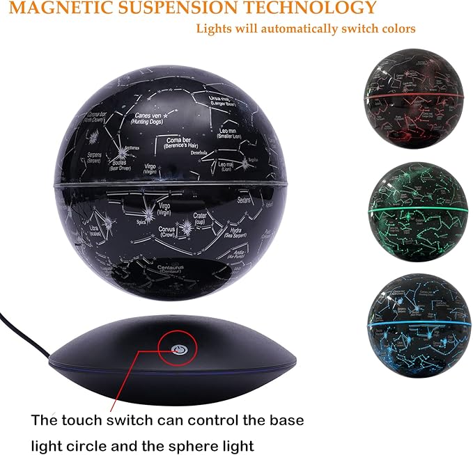 6" Magnetic Levitating Globe, 360°Rotating Geographic Globes Levitating Globes with LED Light Floating Magnetic Levitation Floating Globe for Desk Home Office Classroom Decor(Black/Single Color Light)