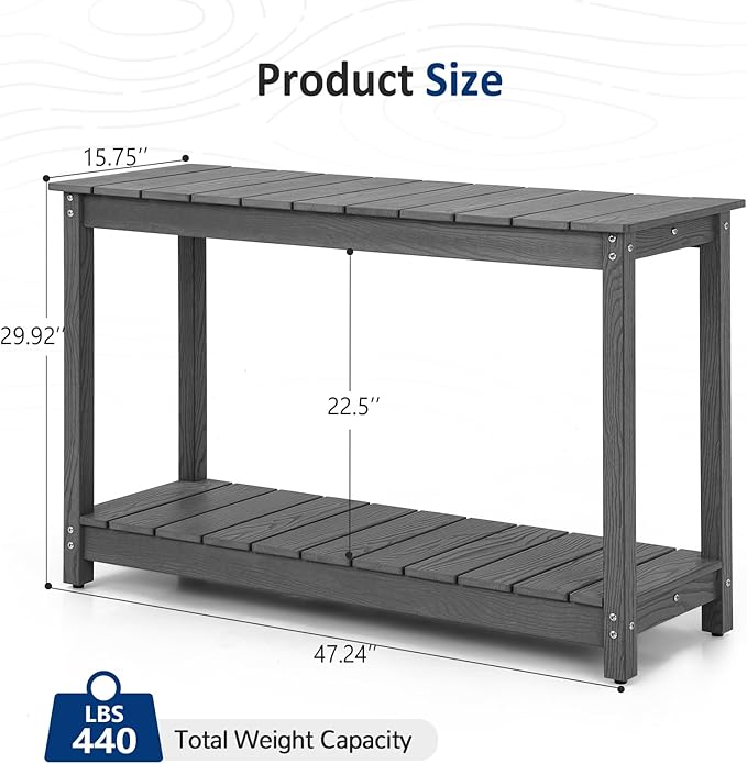 Outdoor Console Table, 48" Weather Resistant HIPS Patio Side Table, 440LBS Weight Capacity, 2-Tier Multifunctional Buffet Bar Storage Organizer for Garden Deck, Gray