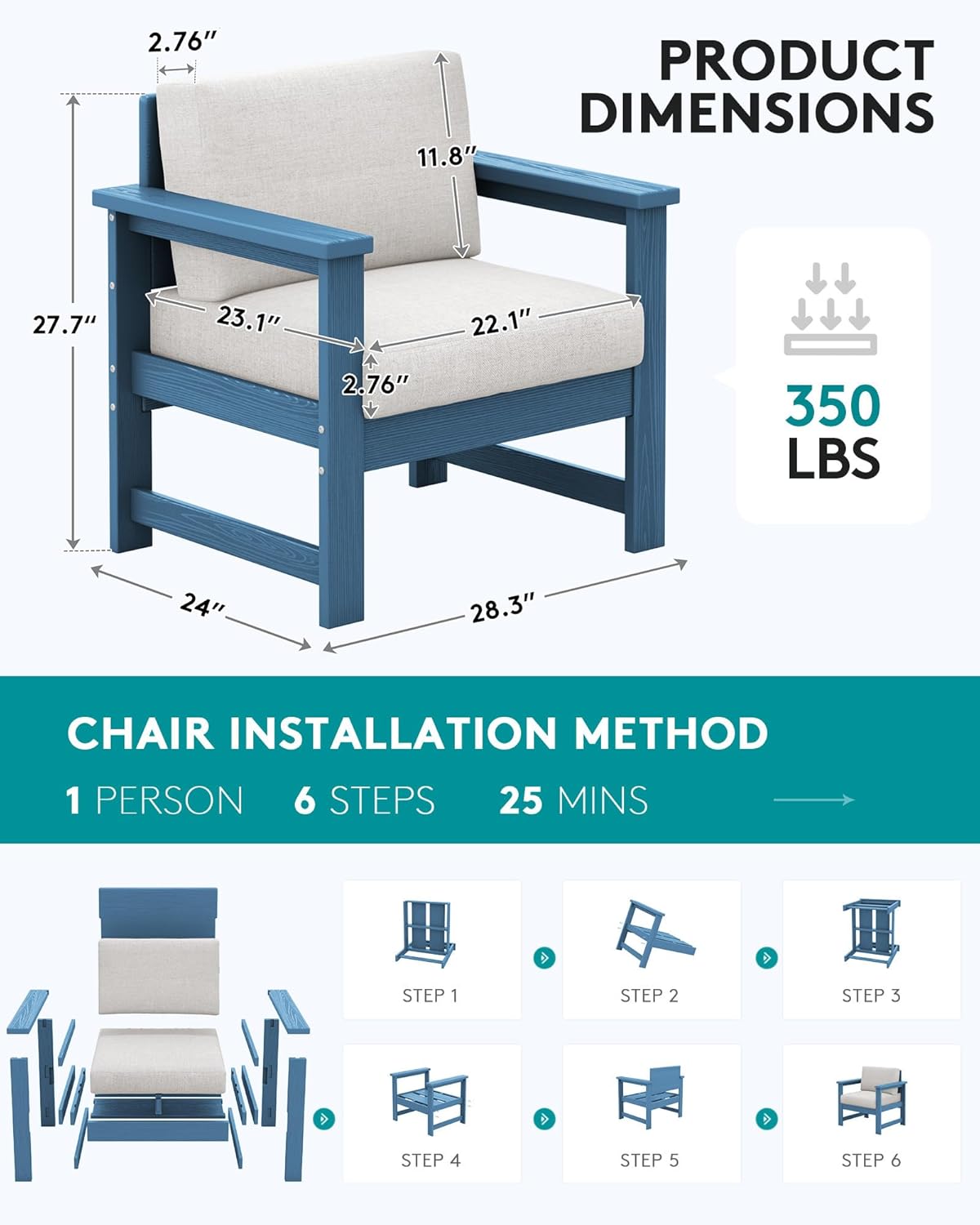 SERWALL 2 Pieces Single Cushioned Lounge Chair, Blue HDPE Outdoor Adirondack Sofa Armchair with Khaki Cushion