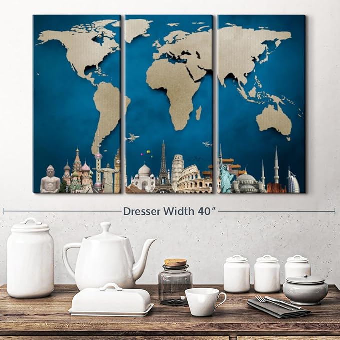 ElephantStock Ocean Blue World Map Multi Piece Canvas - 3 Panel Wall Decor - Map of the World Art - Canvas for the Office and Home - 33" X 20"