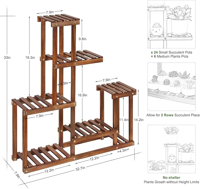 Wood Plant Stand Indoor Outdoor Multi Tiered Corner Plant Shelf Holder High Low Flower Rack Stand for Indoor Multiple Plants 9 Potted Organize Shelves in Living Room Garden Balcony Patio Yard