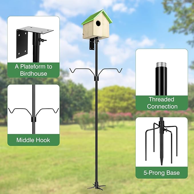 Bird House Pole, 95 Inch Heavy Duty Bird Feeder Pole Mount Kit for Outdoors, Adjustable Bird Feeding Stand, with 2-Hooks, 5-Prong Base for Birds Watching