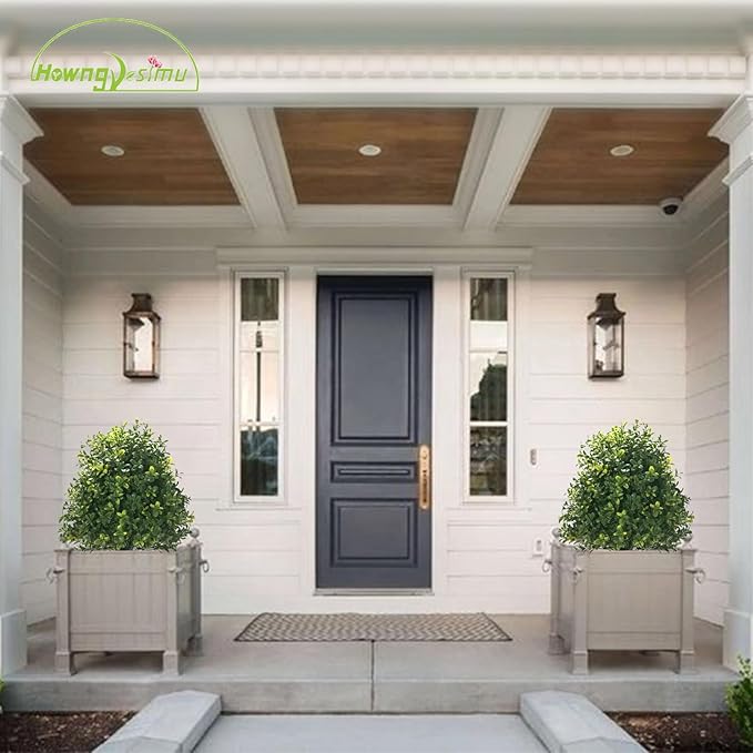 20" Artificial Boxwood Topiary Balls Trees with Ground Spike, 2 Pack UV Resistant Artificial Shrubs, Fake Evergreen Artificial Plant Brush for Indoor Outdoor Front Porch Garden