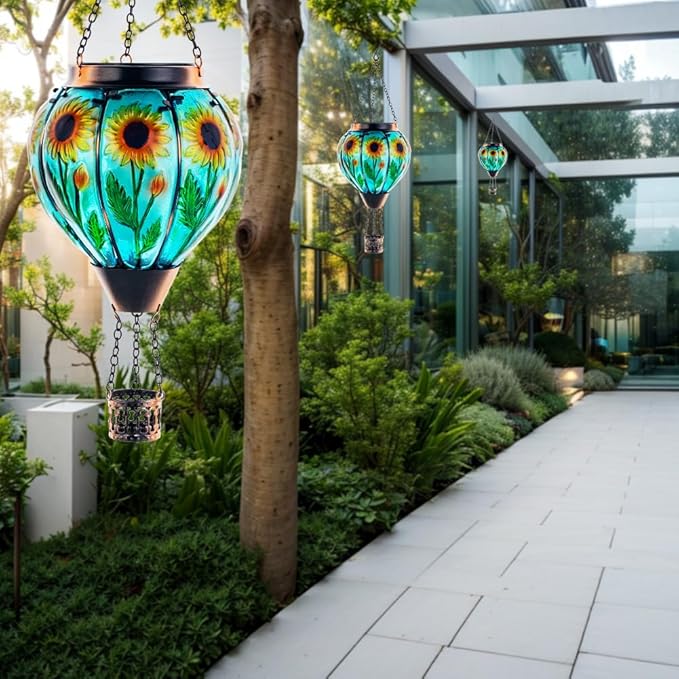 Starsoul Sunflower Hot Air Balloon Solar Lantern - Glass Outdoor Flickering Flame Light, Waterproof Hanging Lamp for Garden, Patio, Yard, Party Decor
