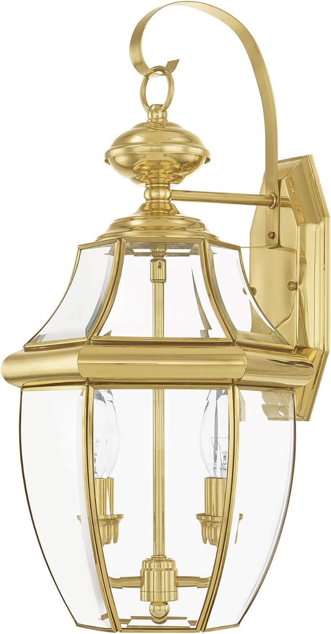 Livex Lighting 2251-02 Monterey 2 Light Outdoor Polished Brass Finish Solid Brass Wall Lantern with Clear Beveled Glass, 20.25" x 10.5" x 10"
