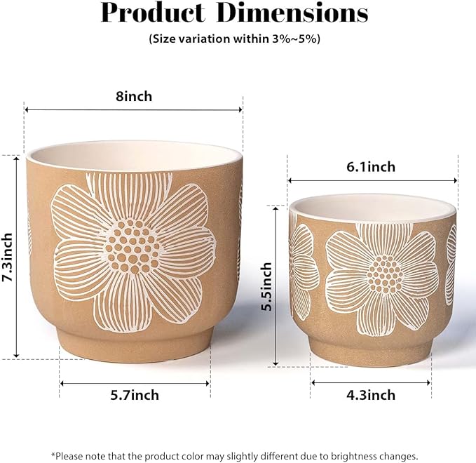 YBX 8 Inch + 6 Inch White Flower Pattern Plant Pots, Sand Glazed Ceramic Planter with Drainage Hole, Flower Pots for Indoor Plants, Tan & White