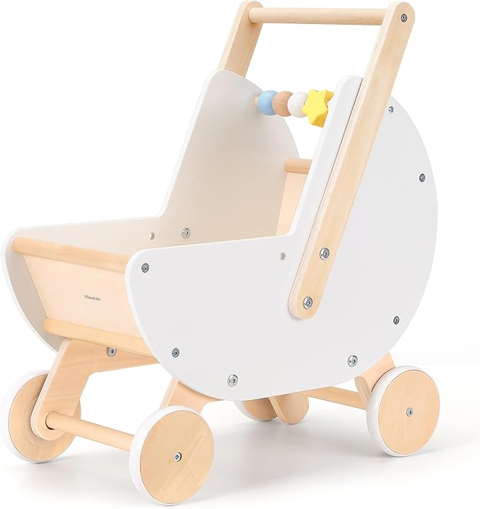 Wooden Baby Walker & Doll Stroller – Adjustable Handle Push Cart, Anti‑Tip, Quiet Wheels, Pretend Shopping Cart – Montessori Wooden Walker for Babies , Doll Stroller for Toddlers 12m+