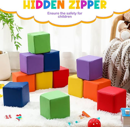 Civaner 12 Pcs Foam Building Blocks for Kids 5.51 Inch Colorful PU Leather Foam Counting Cubes Stacking Block Sets Building Throwing Toys for Toddler Math Preschool Learning Birthday Gift