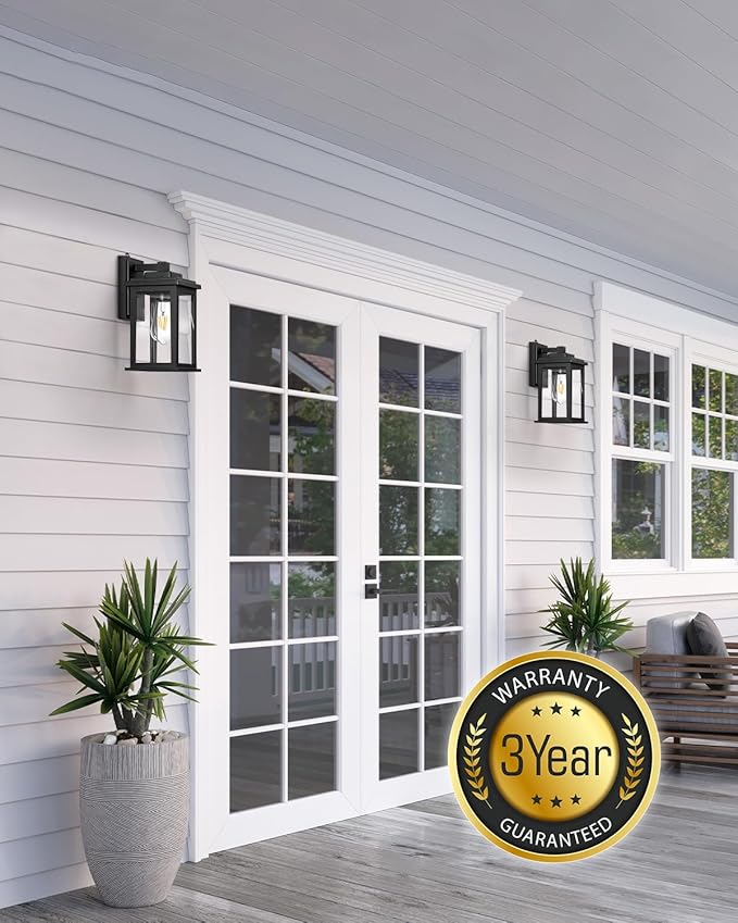 VIANIS Black Dusk to Dawn Outdoor Lights for House, 2 Pack Outdoor Wall Lights, Waterproof Porch Lights, Exterior Lighting Fixtures with Tempered Glass, for Porch, Garage, Doorway,Hardwired, Non-solar