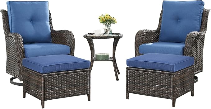 Outdoor Wicker Patio Furniture Set - 5 Pieces Rattan Patio Conversation Set with 2 Rocking Swivel Chairs,2 Ottomans and 1 Side Table for Porch Deck Backyard Garden(Brown/Blue)