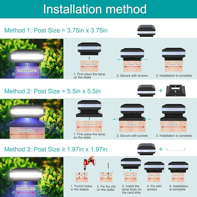 Sumaote Solar Post Lights 160LM 52 LED - 6x6 Post Cap Solar Light Outdoor Deck Fence Lights fit 4x4 5x5 6x6 Wood Posts, IP65 Waterproof for Garden Porch Patio, 6000K White Lighting, 4 Pack
