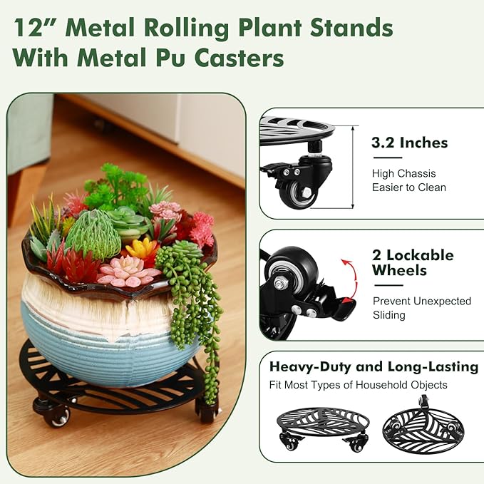 2 Packs Metal Plant Caddy with 3 Wheels 12” Heavy-duty Wrought Iron Rolling Plant Stands with Casters Indoor and Outdoor Plant Pot Roller Base Plant Saucer Movers Black, Strong Load Capacity