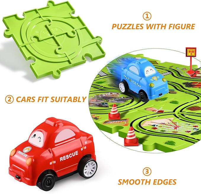 64 PCS Puzzle Race Track Car Set: Toddlers Kids Boys Girls Toys & Gifts for 3 4 5 6 Year Old | Puzzle Tracks Car Toys | with 3 Small Cars Toy and Roadblocks | Play & Learn Toy | Kid for Ages 3-5 4-6