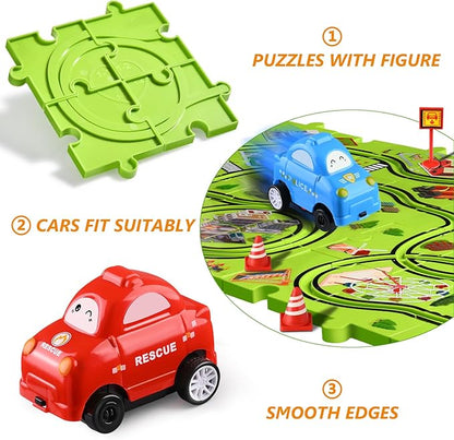 64 PCS Puzzle Race Track Car Set: Toddlers Kids Boys Girls Toys & Gifts for 3 4 5 6 Year Old | Puzzle Tracks Car Toys | with 3 Small Cars Toy and Roadblocks | Play & Learn Toy | Kid for Ages 3-5 4-6