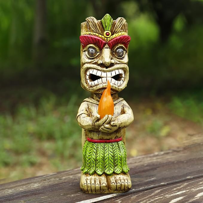 13" Tall Solar Torch Tiki Garden Statue, Resin Large Tiki Decor Figurine with Solar Lights, Hawaiian Tiki Man, Outdoor Patio Yard Lawn Bar Party Beach Pool Pond Decoration, Valentine's Day Gift