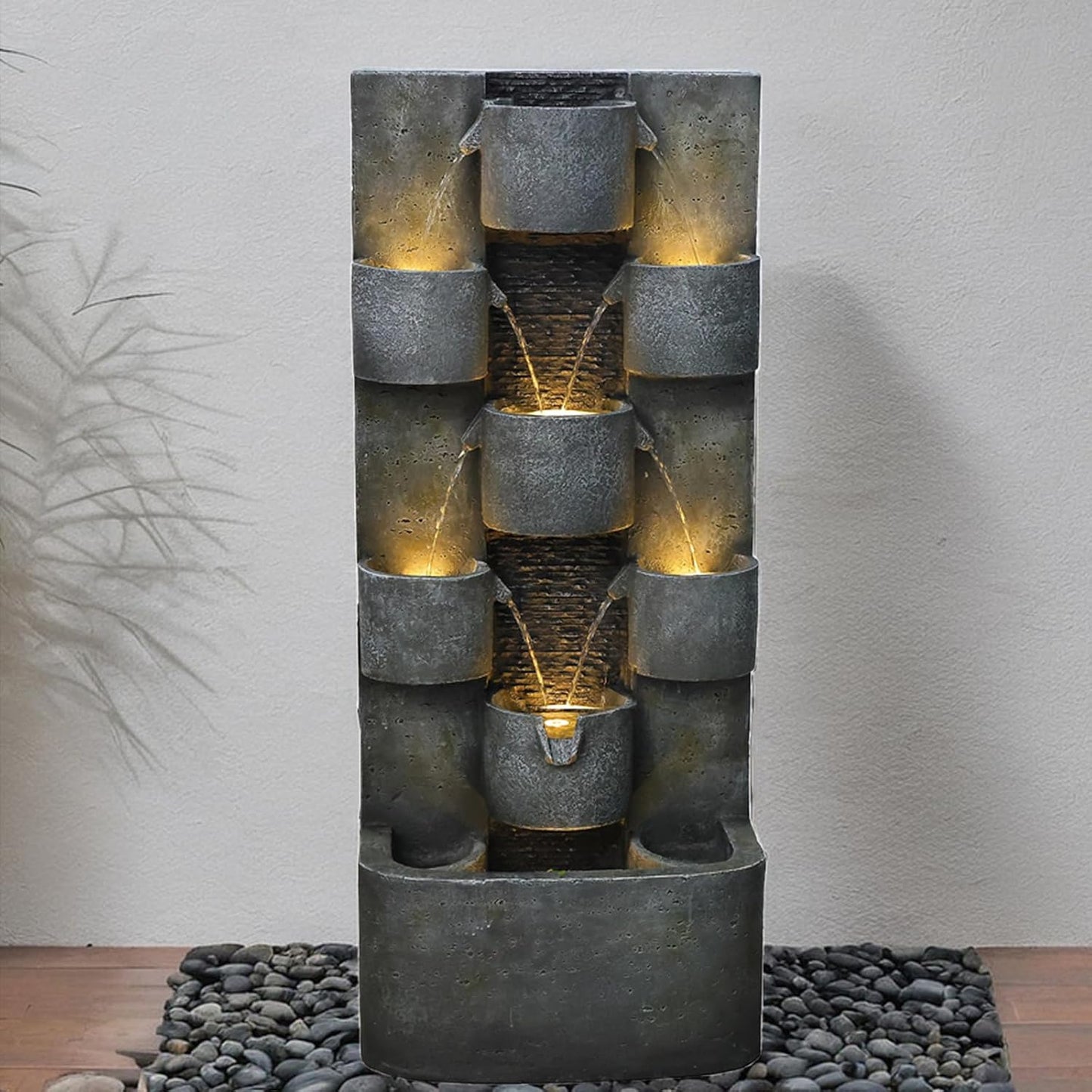 45" H Outdoor Water Fountain Garden - Large Cascading Waterfall Freestanding Fountains Water Feature with Lights for Patio Backyard Deck Porch and Home Decor, Concrete Artistry Style, Gray